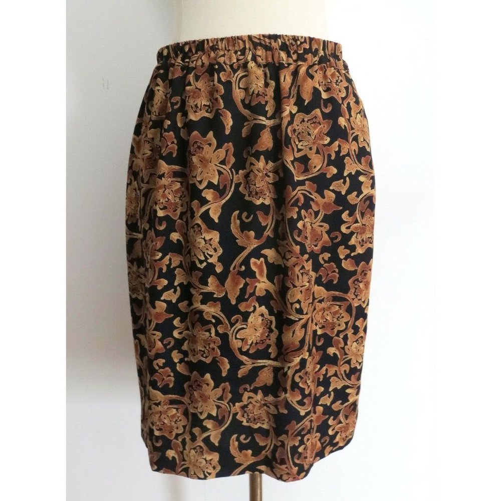 Coldwater Creek size 8 gold black baroque floral print knee-length wrap skirt